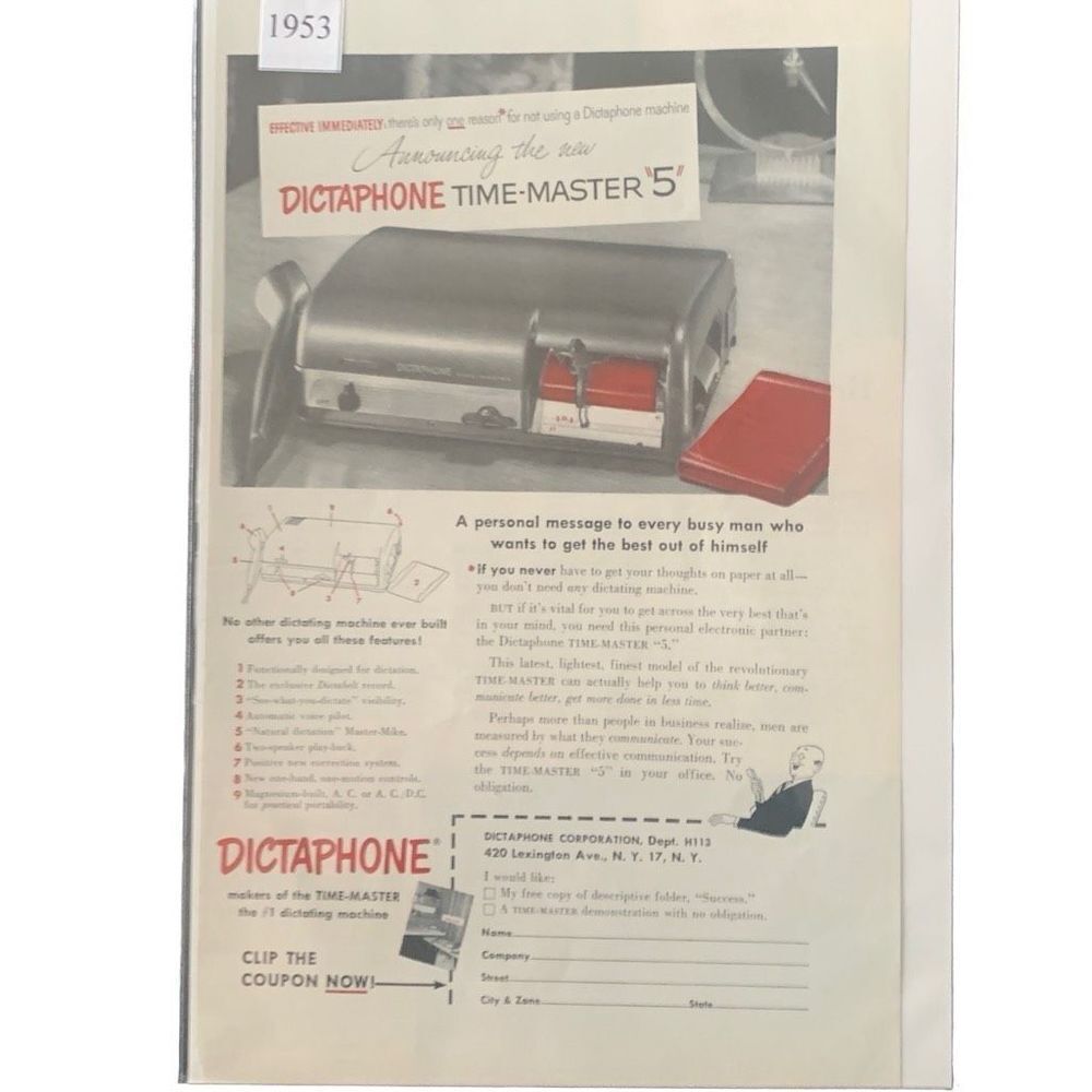 Vintage 1953 Dictaphone Time Master 5 With Coupon Ad Advertisement